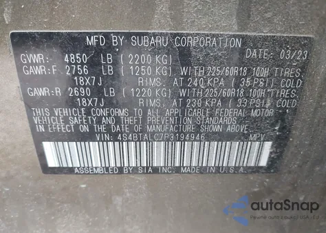 2023 Subaru Outback Onyx Edition из США, поврежденный, VIN 4S4BTALC7P3194946